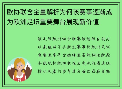 欧协联含金量解析为何该赛事逐渐成为欧洲足坛重要舞台展现新价值